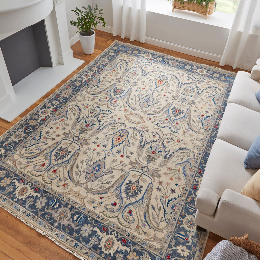 Bhatia Traditional Oriental Ivory Blue Tan Area Rug (11'6" x 15')