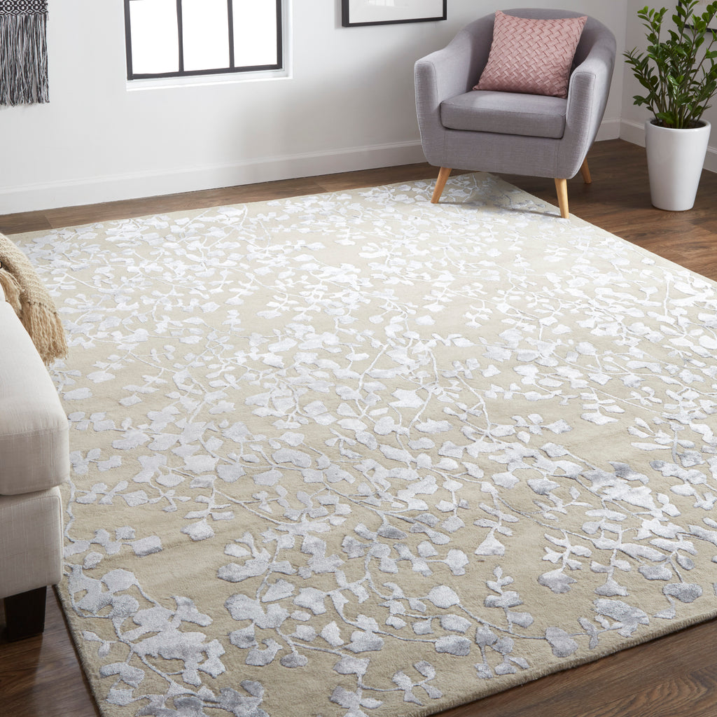 Bella Transitional Floral Botanical Tan Silver Gray Area Rug (10' x 14')