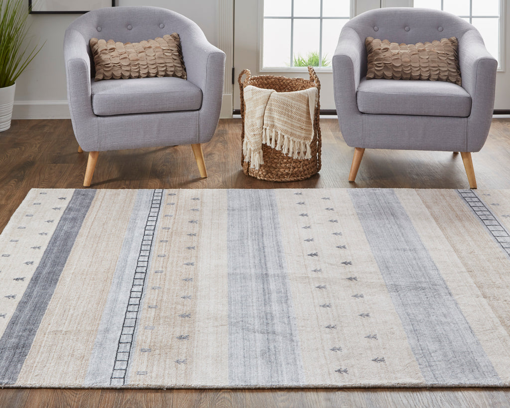 Legacy Transitional Stripes Ivory Tan Gray Area Rug (5'6" x 8'6")