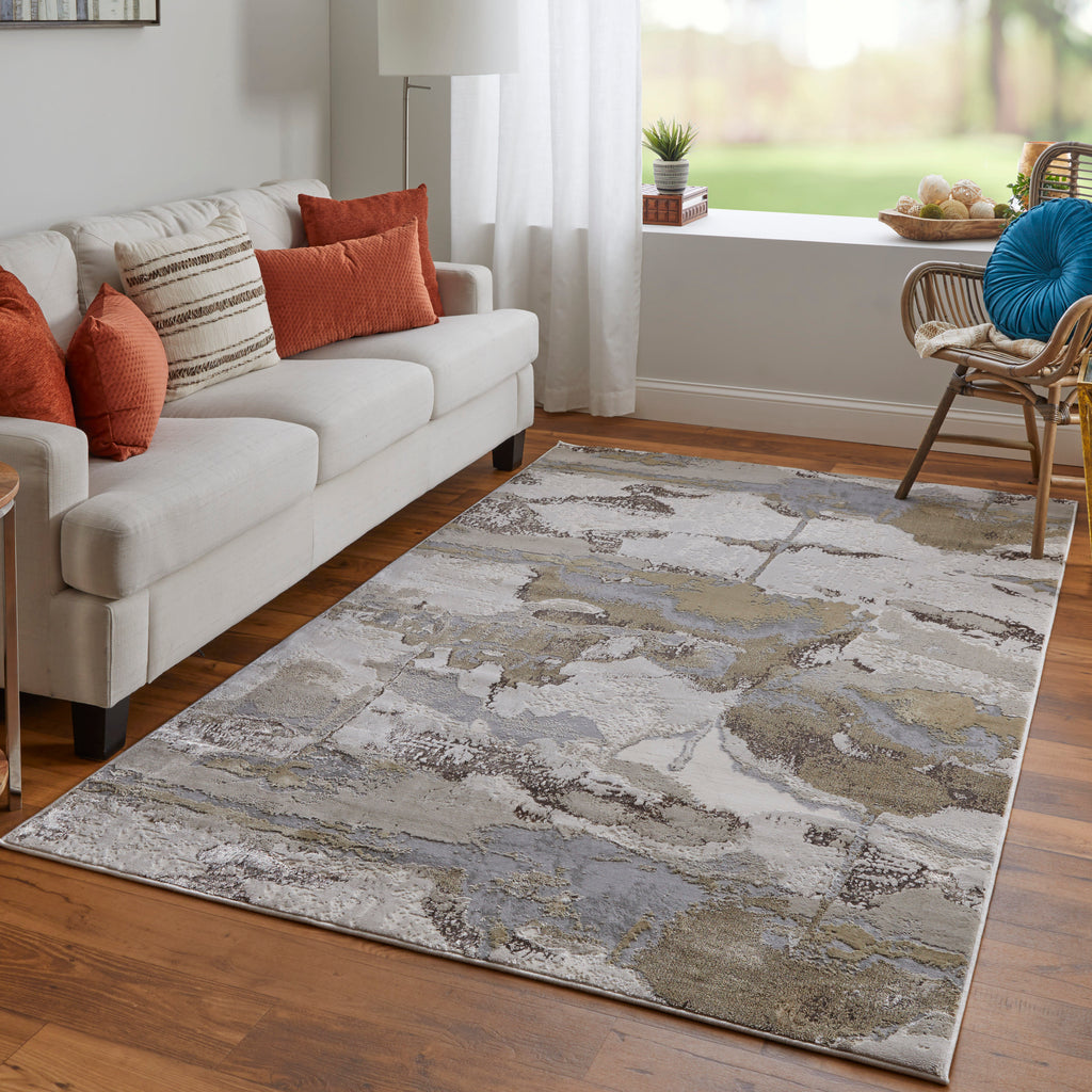 Aura Modern Watercolor Gray Ivory Gold Area Rug (13' x 20')