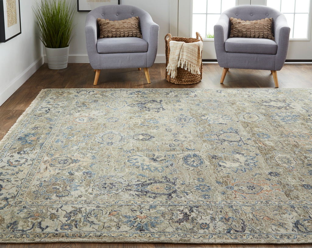 Marabel Traditional Damask Taupe Ivory Blue Area Rug (3'6" x 5'6")