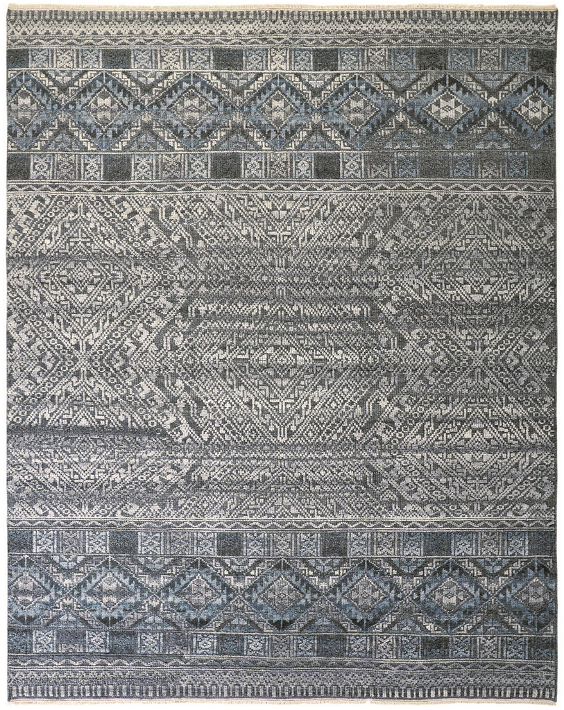 Payton Transitional Diamond Gray Ivory Blue Area Rug (8'6" x 11'6")