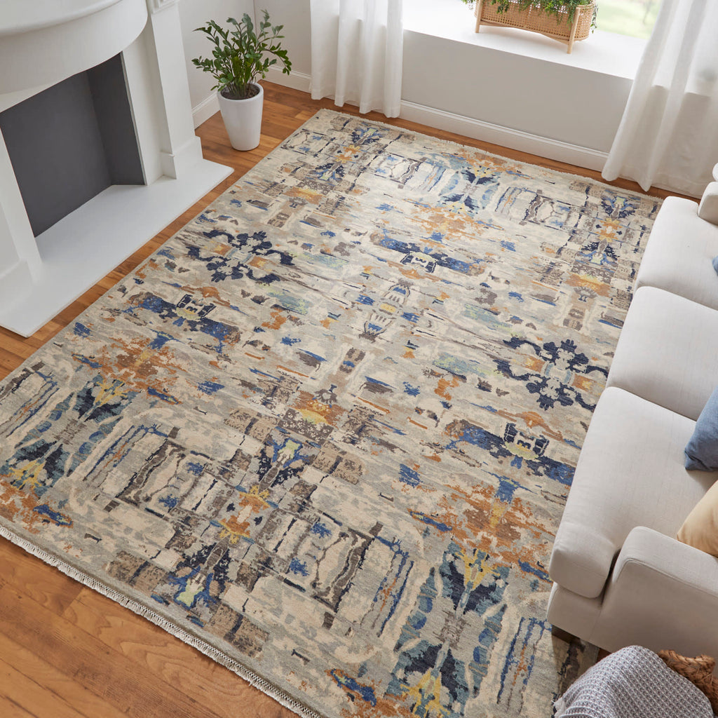 Bhatia Modern Damask Gray Blue Brown Area Rug (8'6" x 11'6")