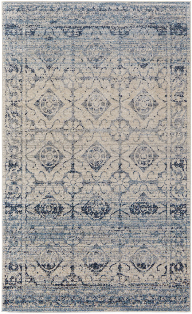 Camellia Transitional Bordered Blue Ivory Area Rug (8' x 10' / Pattern 2)