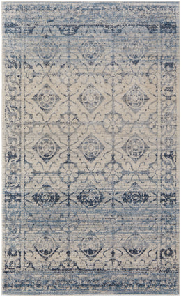 Camellia Transitional Bordered Blue Ivory Area Rug (8' x 10' / Pattern 1)