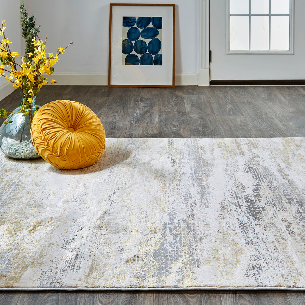 Aura Modern Abstract Gold Gray Ivory Area Rug (5' x 8')