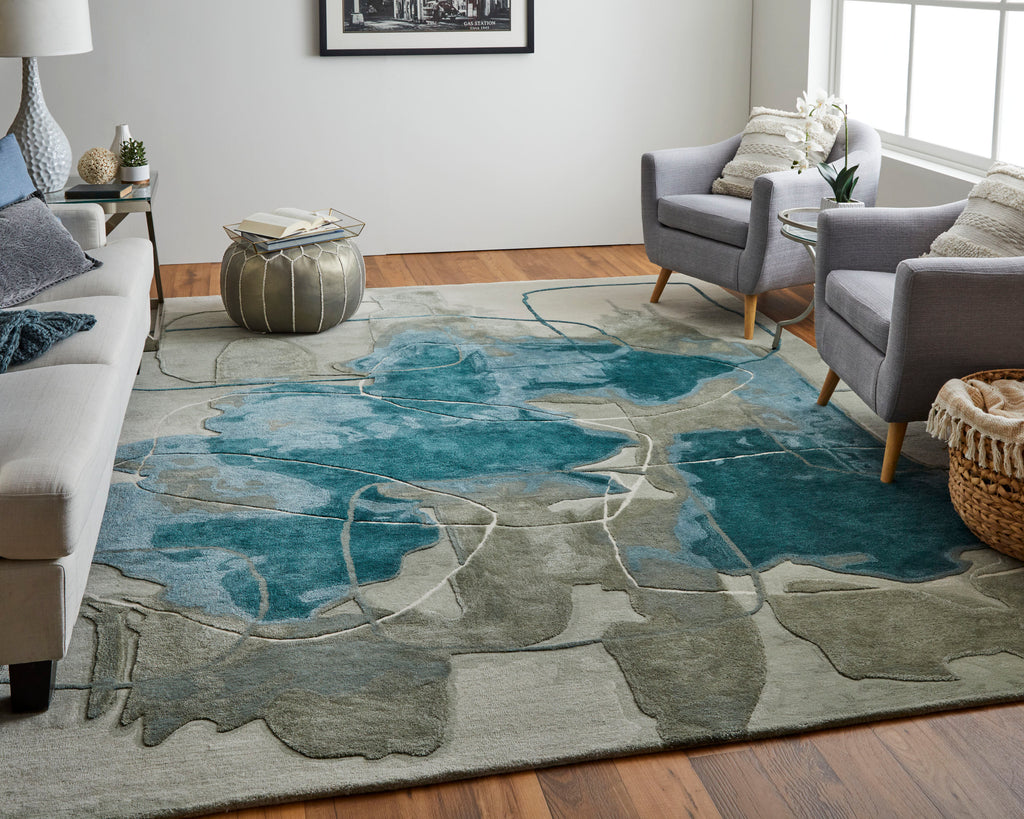 Anya Transitional Abstract Blue Gray Ivory Area Rug (12' x 15')