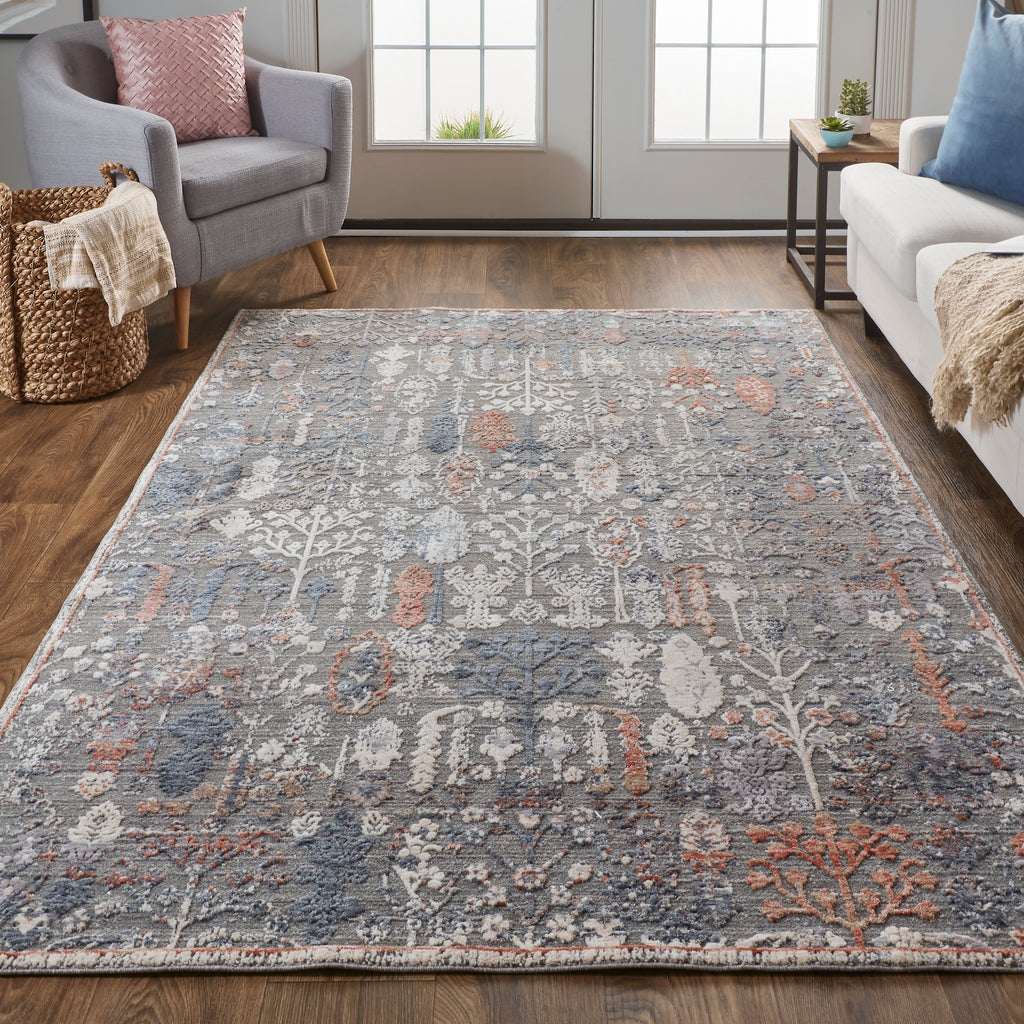 Thackery Transitional Floral Botanical Gray Ivory Orange Area Rug (2'7" x 7'10")