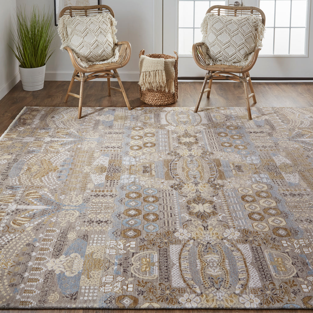 Harmon Transitional Damask Tan Gold Ivory Area Rug (7'9" x 9'9")