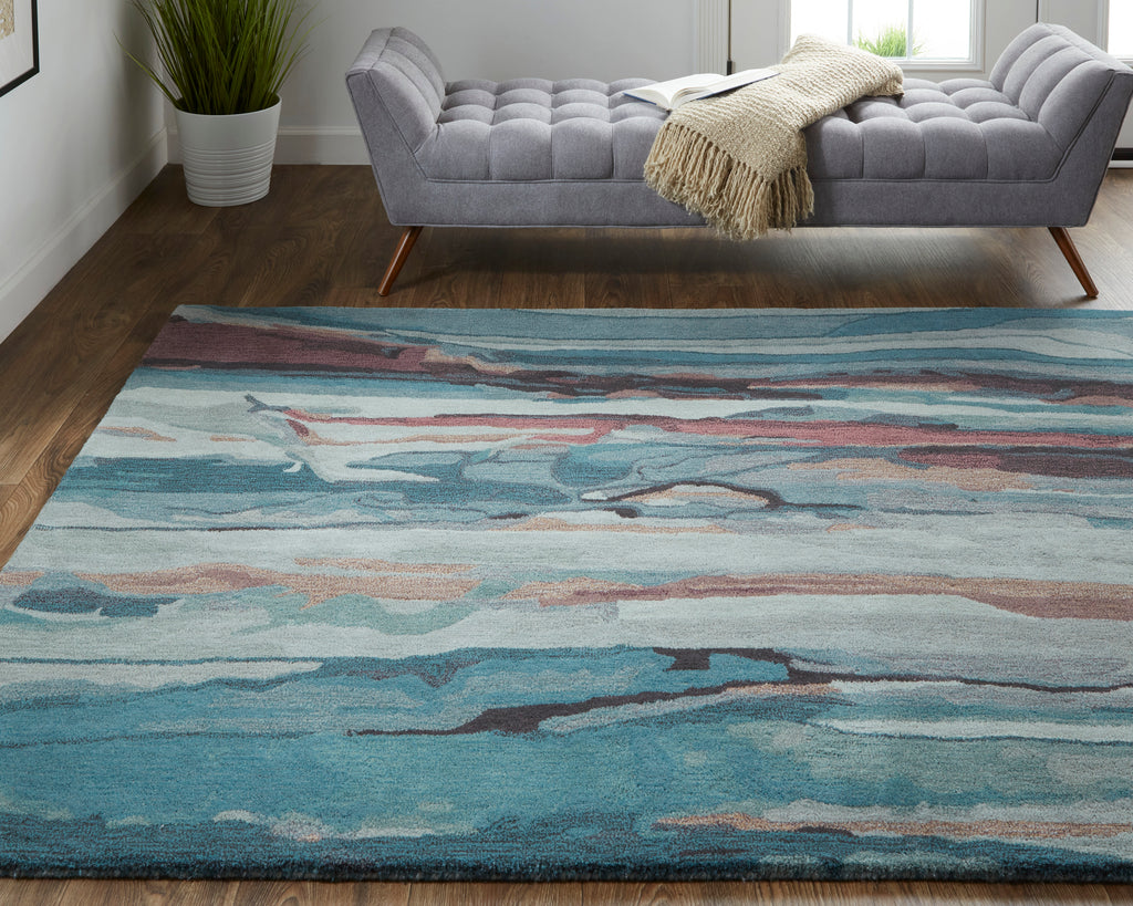 Amira Transitional Abstract Blue Red Ivory Area Rug (10' x 14')