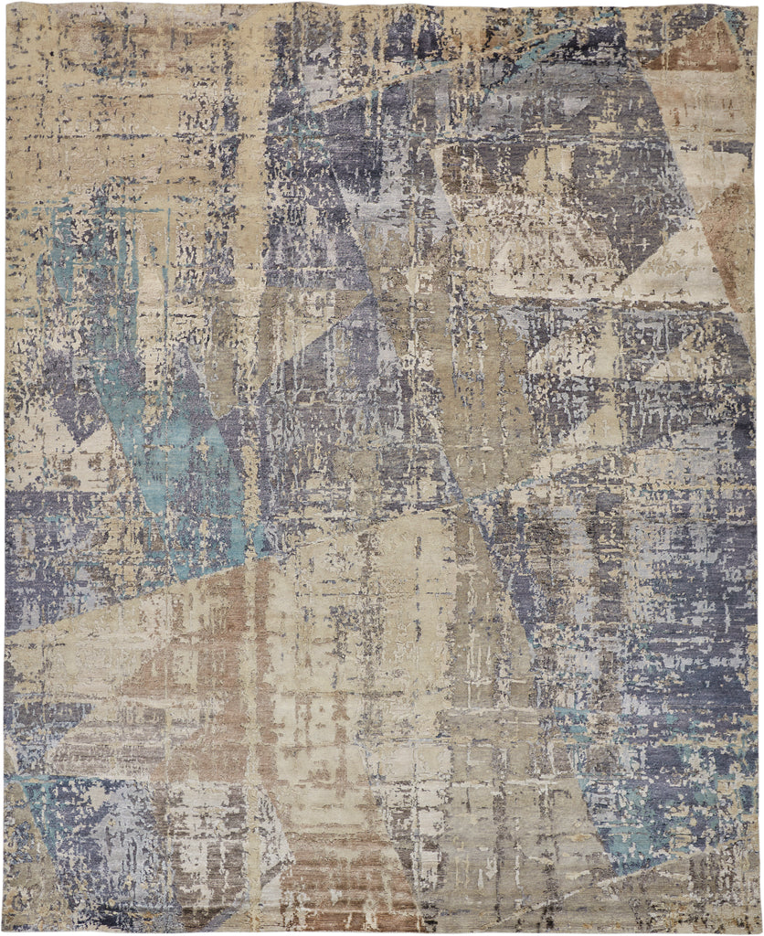 Adira Modern Abstract Tan Brown Blue Area Rug (2' x 3')