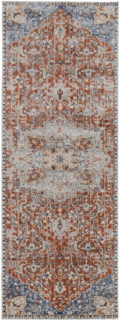 Kaia Transitional Medallion Orange Ivory Blue Area Rug (3' x 10')