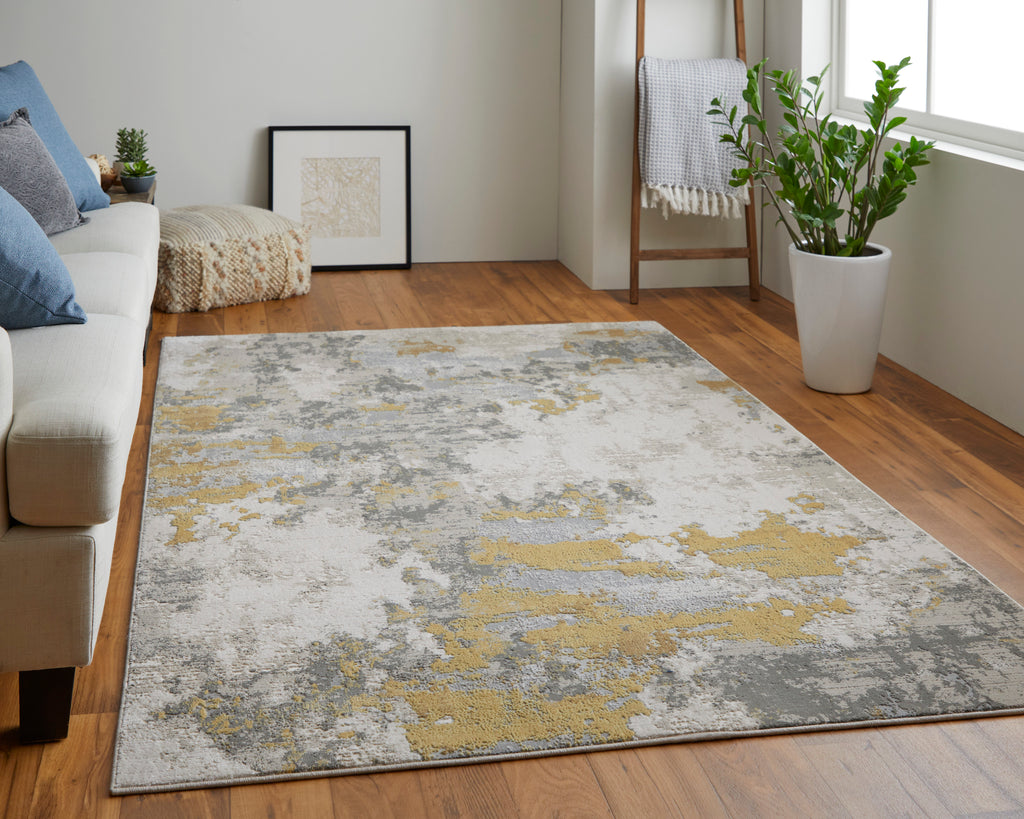 Waldor Modern Abstract Ivory Gold Gray Area Rug (12' x 15')