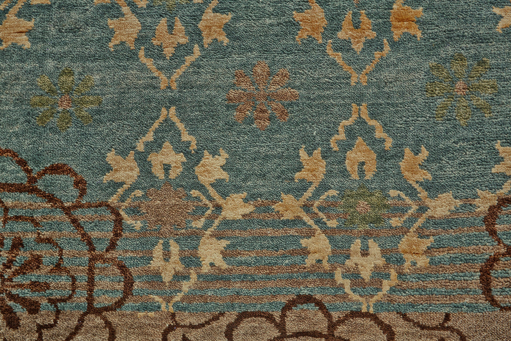 Qing Transitional Floral Botanical Blue Green Brown Area Rug (9'6" x 13'6")