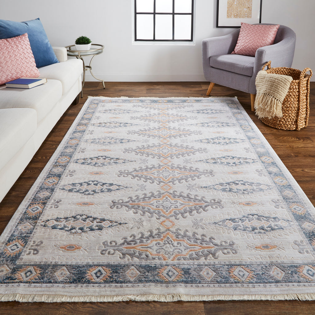 Kyra Transitional Diamond Gray Blue Orange Area Rug (3'6" x 5'6")