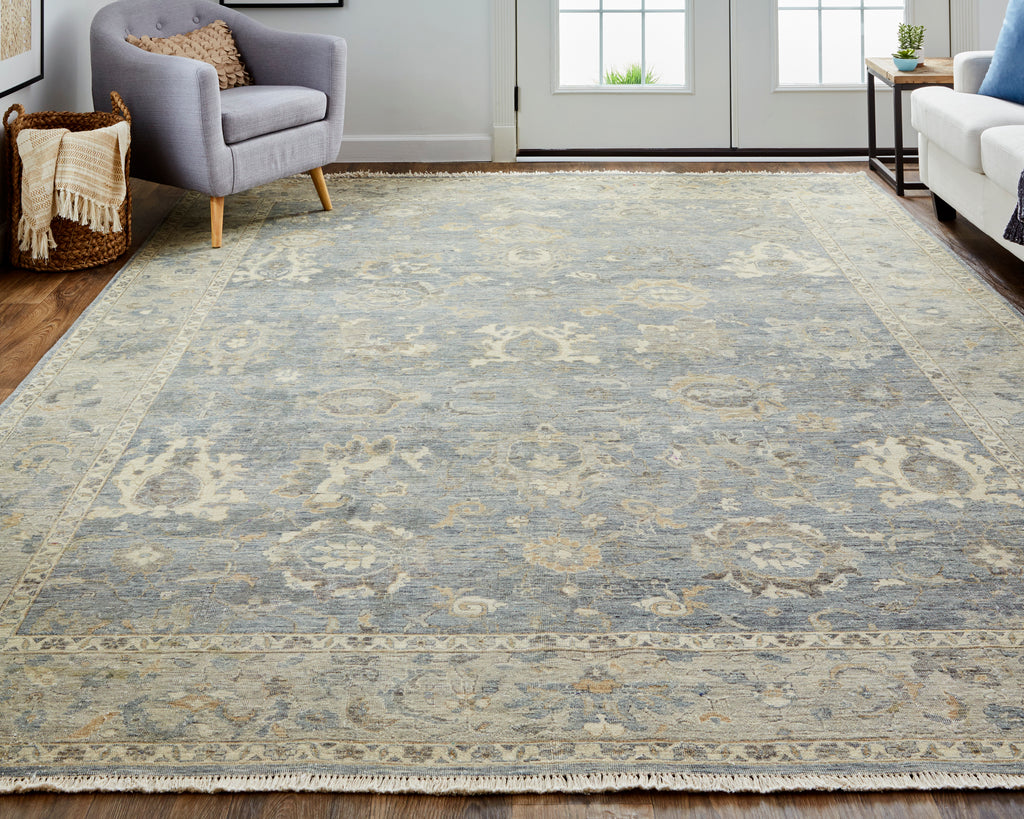 Marabel Transitional Oriental Blue Taupe Ivory Area Rug (2'6" x 8')