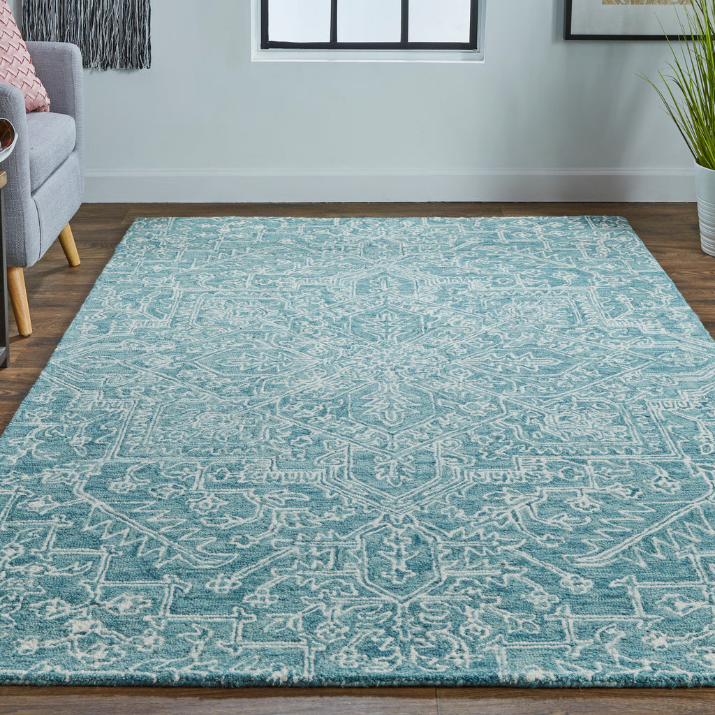 Belfort Transitional Medallion Blue Ivory Green Area Rug (2' x 3')