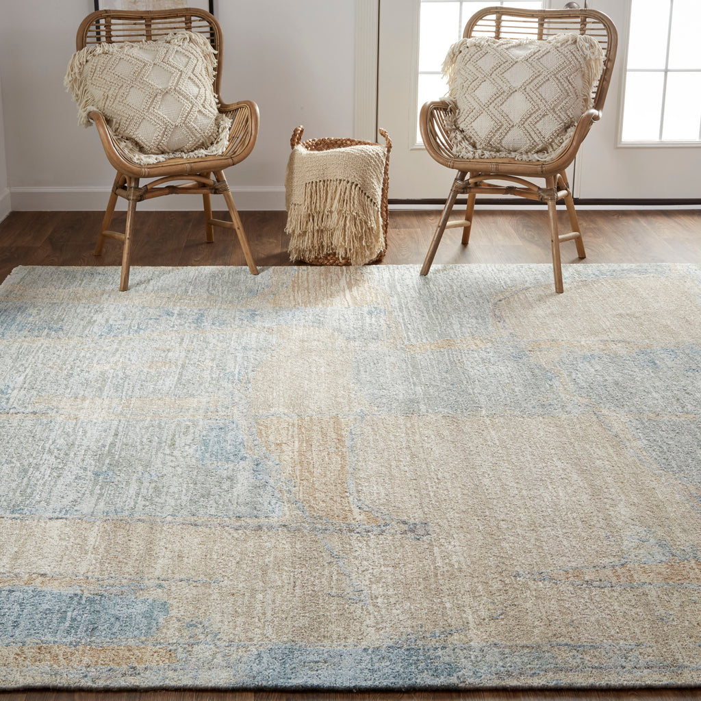 Salina Transitional Abstract Blue Green Tan Area Rug (9'6" x 13'6")