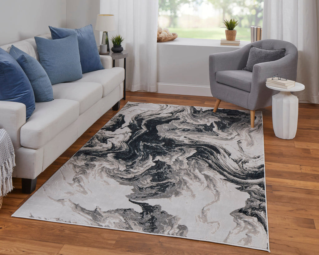 Micah Modern Abstract Ivory Black Taupe Area Rug (8' x 10')