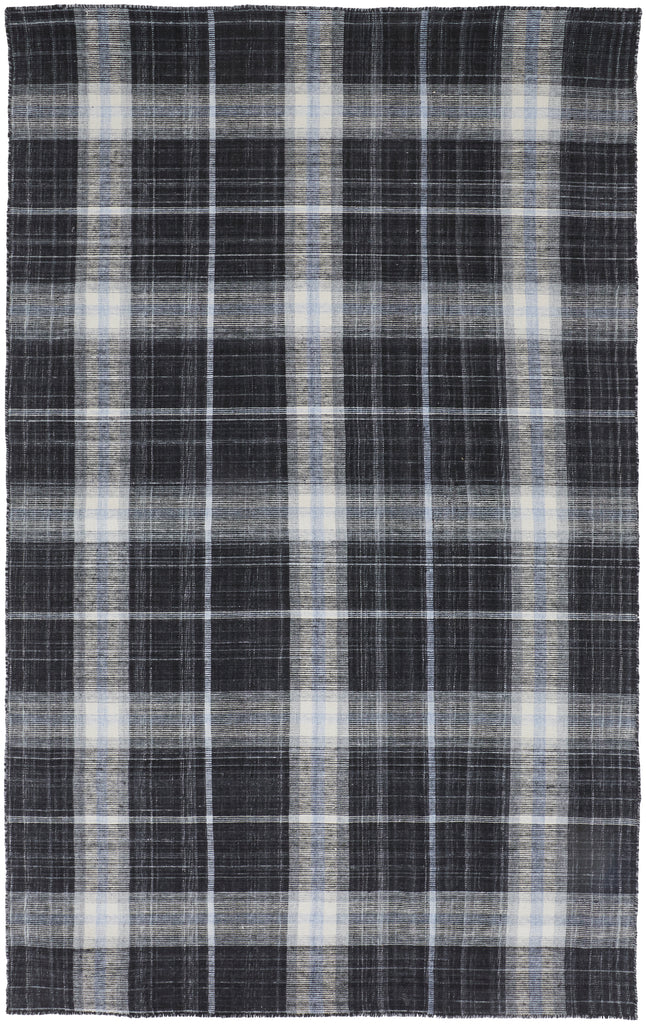 Jemma Transitional Plaid Black White Blue Area Rug (5' x 8')