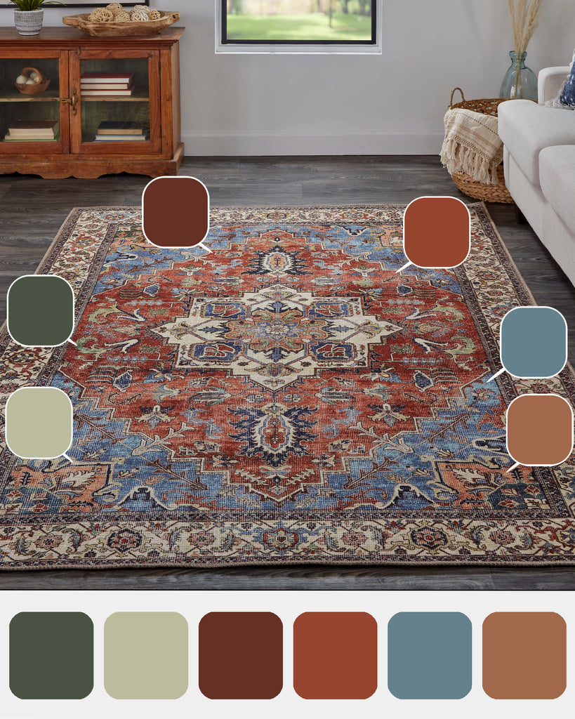 Percy Transitional Medallion Blue Red Ivory Area Rug (4' x 6')