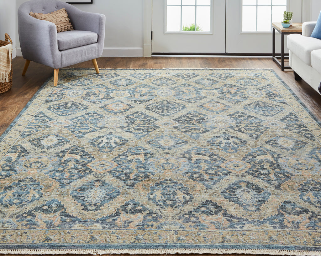 Marabel Traditional Damask Blue Taupe Brown Area Rug (3'6" x 5'6")