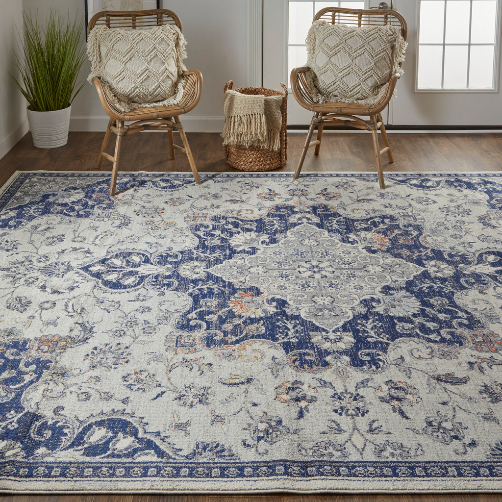 Bellini Transitional Medallion Gray Ivory Blue Area Rug (6'7" x 9'6")