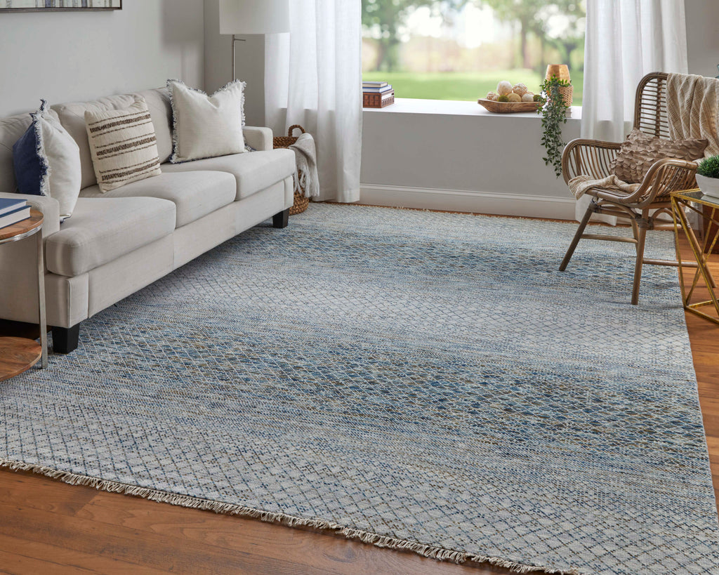 Branson Transitional Solid Blue Ivory Brown Area Rug (8'6" x 11'6")