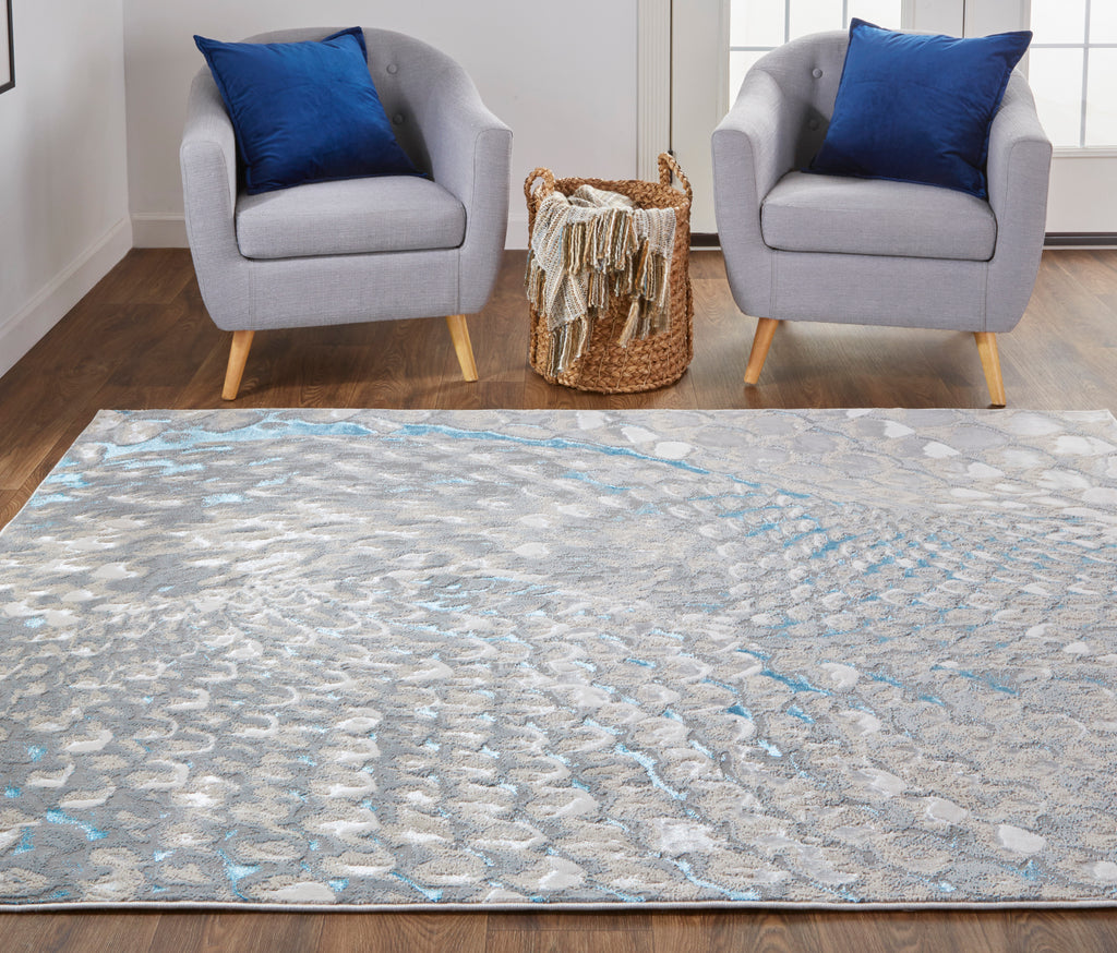 Azure Modern Abstract Blue Silver Gray Area Rug (6'7" x 9'6")