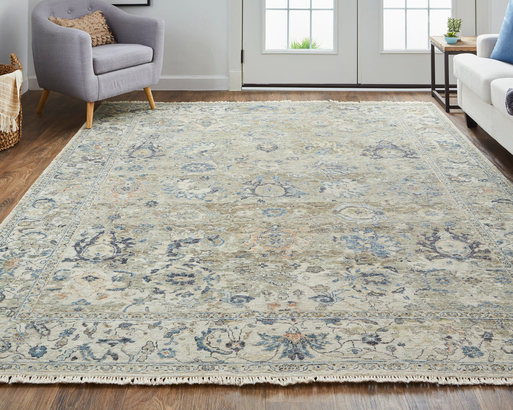 Marabel Traditional Damask Taupe Ivory Blue Area Rug (3'6" x 5'6")