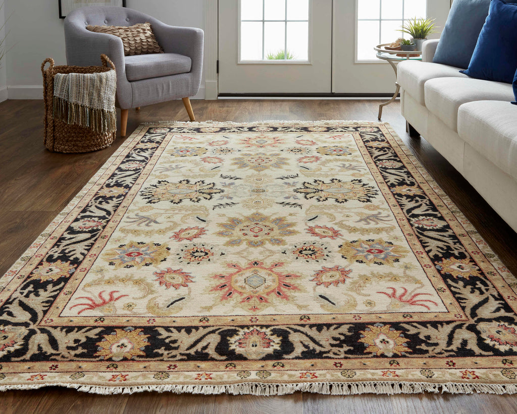 Bhatia Traditional Oriental Ivory Black Yellow Area Rug (9'6" x 13'6")