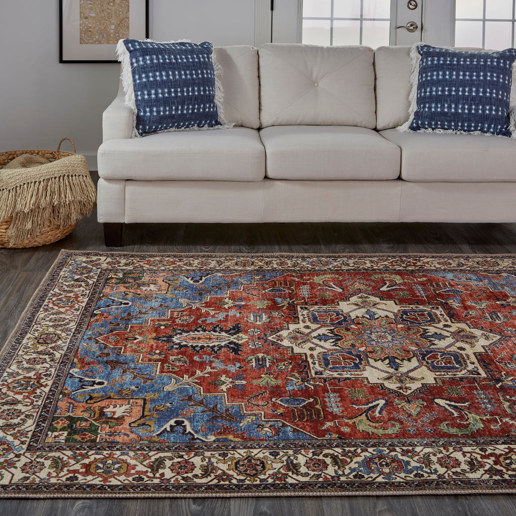 Percy Transitional Medallion Blue Red Ivory Area Rug (4' x 6')