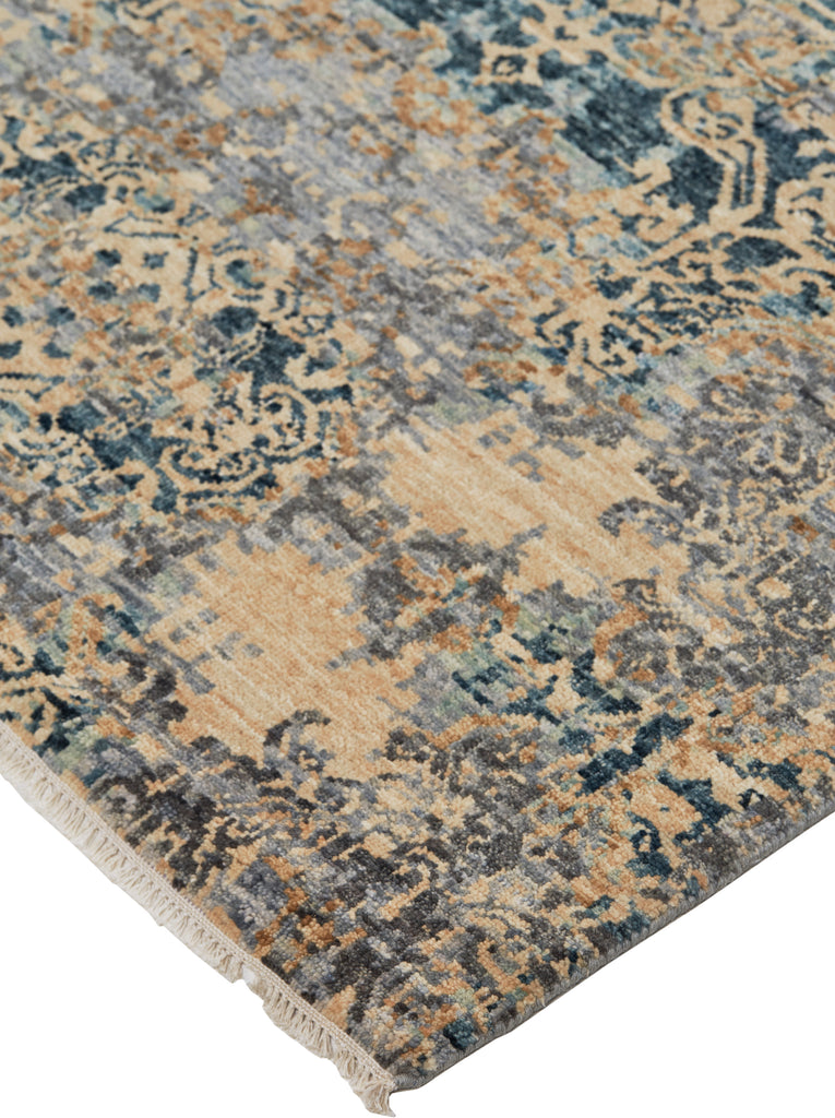 Elanor Transitional Damask Tan Ivory Blue Area Rug (2' x 3')