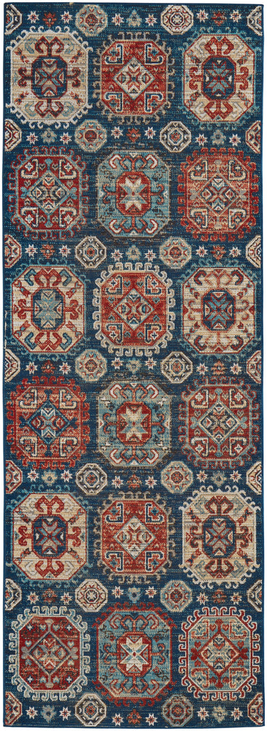 Nolan Transitional Patchwork Blue Red Tan Area Rug (2'10" x 7'10")