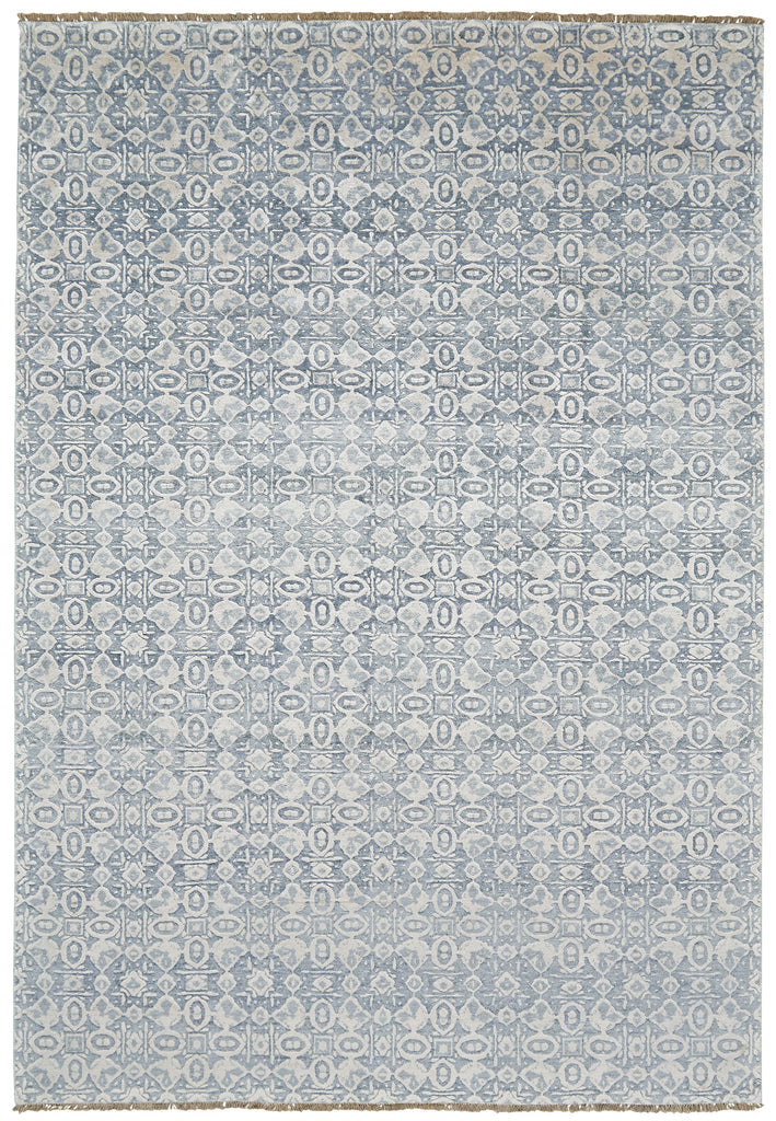 Khitan I Transitional Geometric Blue Silver Area Rug (5'6" x 8'6")