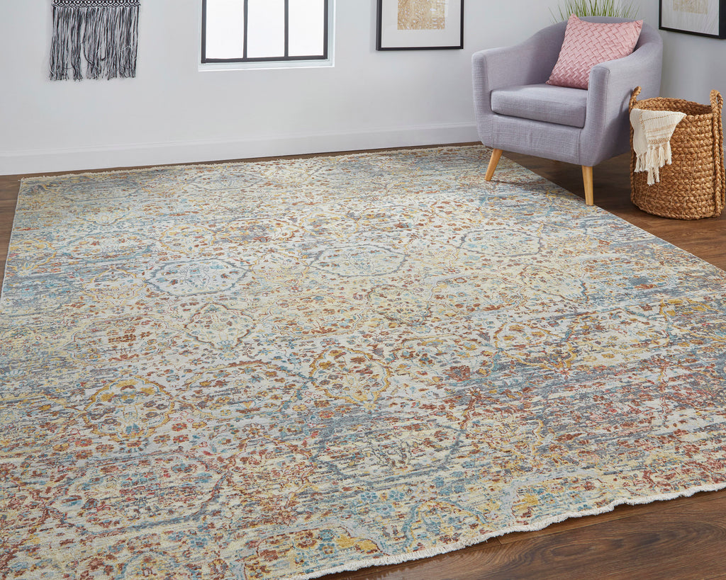 Siena Transitional Distressed Ivory Tan Blue Area Rug (9'6" x 13'6")