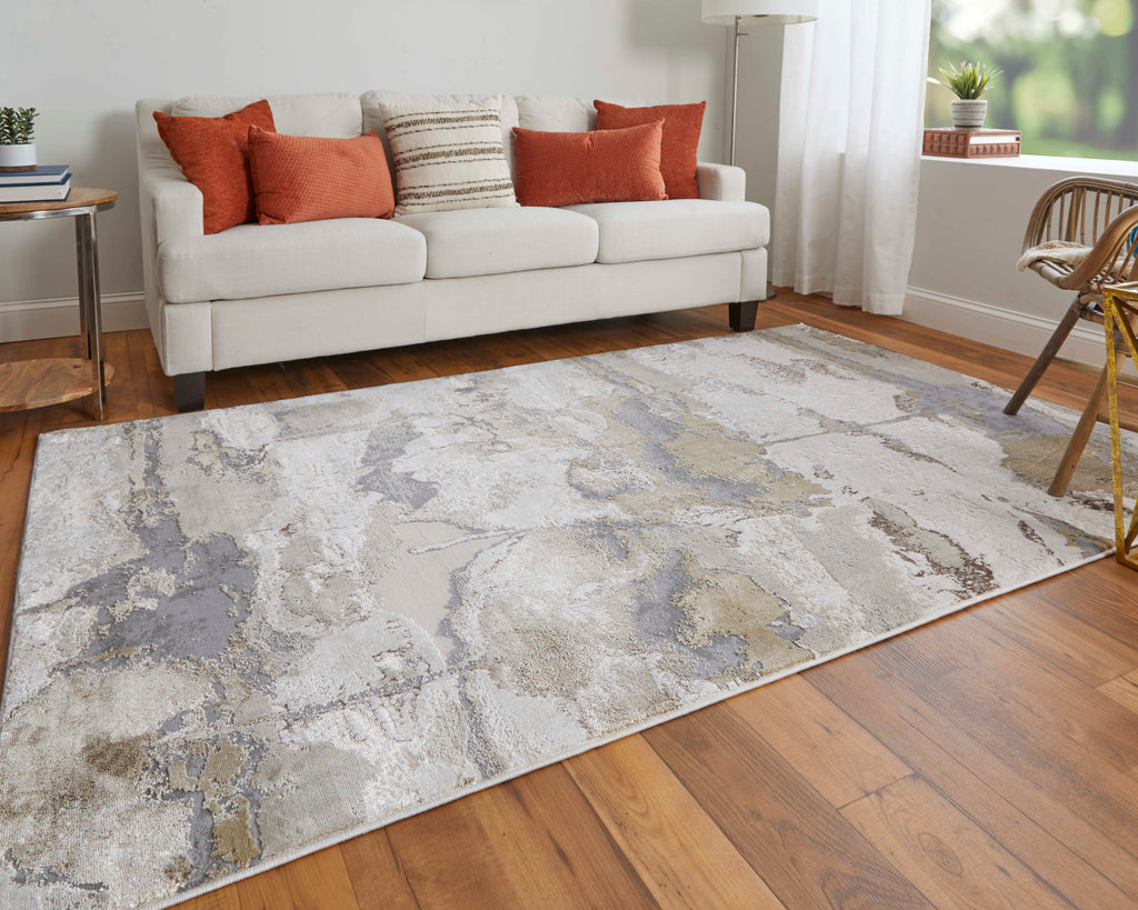 Aura Modern Watercolor Gray Ivory Gold Area Rug (13' x 20')