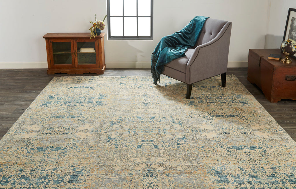 Elanor Transitional Damask Tan Ivory Blue Area Rug (2' x 3')