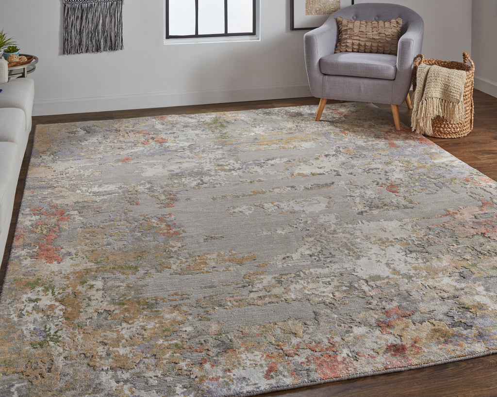 Gia Modern Distressed Taupe Ivory Orange Area Rug (9'6" x 13'6")