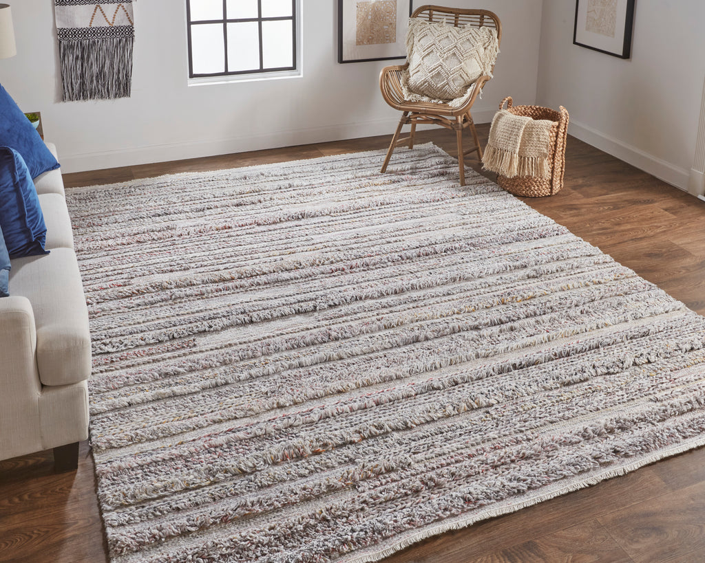 Alden Transitional Stripes Taupe Ivory Red Area Rug (5' x 8')