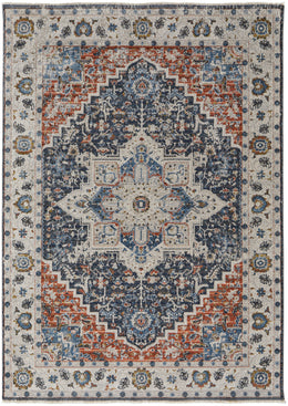 Kaia Transitional Medallion Ivory Blue Red Area Rug (3' x 10')