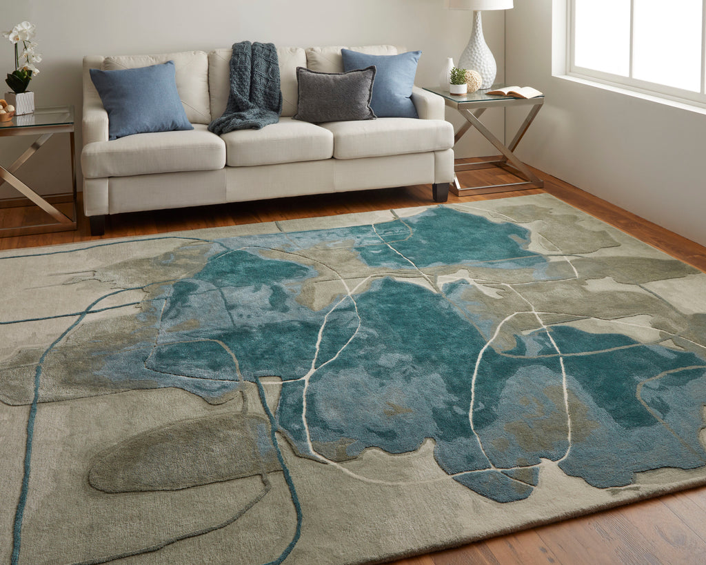 Anya Transitional Abstract Blue Gray Ivory Area Rug (12' x 15')