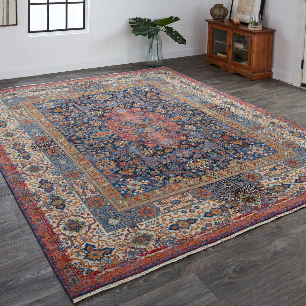 Dalia Luxe Modern Oriental Blue Red Ivory Area Rug (9'6" x 13'6")