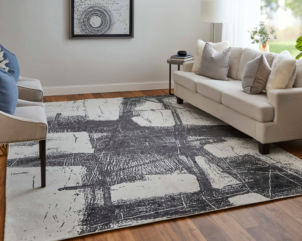 Coda Modern Abstract Black White Area Rug (12' x 15' / Pattern 2)