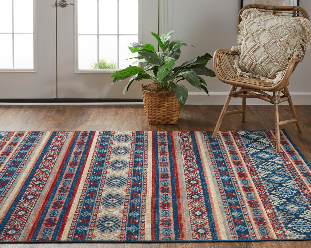 Nolan Transitional Diamond Blue Red Ivory Area Rug (6'5" x 9'6")