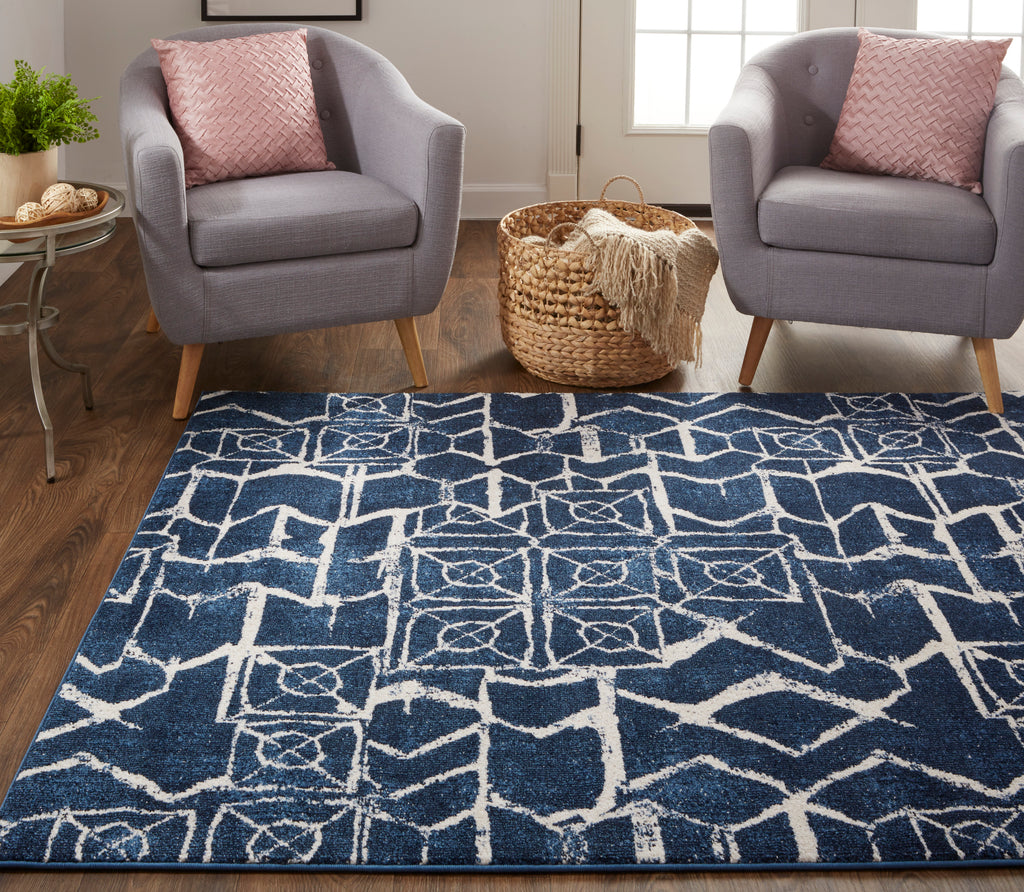 Remmy Transitional Geometric Blue Ivory Area Rug (6'7" x 9'6")