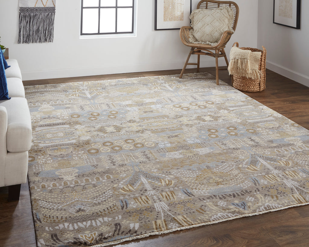 Harmon Transitional Damask Tan Gold Ivory Area Rug (7'9" x 9'9")