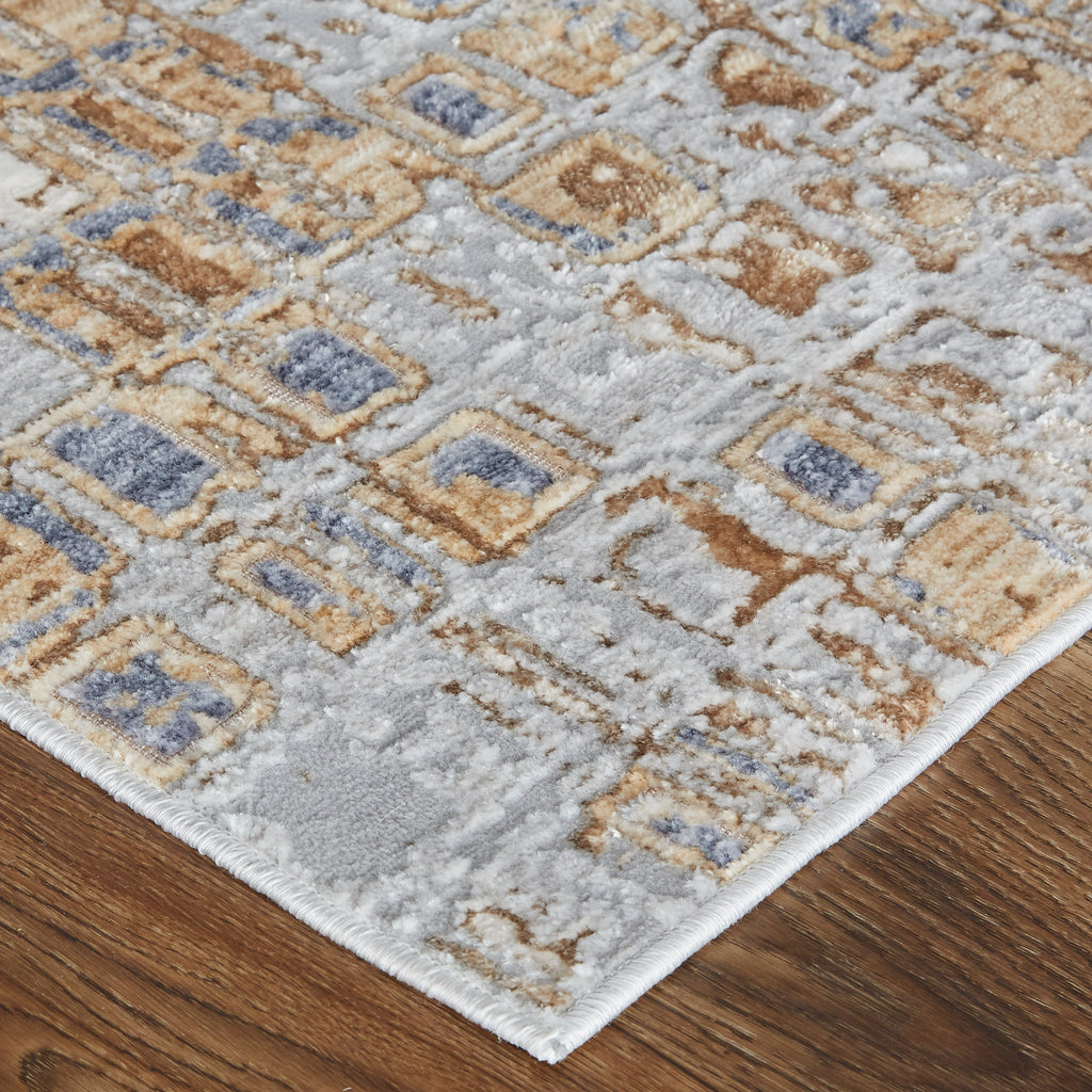 Laina Transitional Geometric Tan Ivory Blue Area Rug (3' x 12')