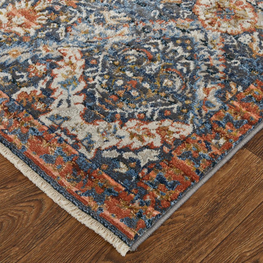 Kaia Transitional Floral Botanical Blue Orange Ivory Area Rug (2'6" x 10')