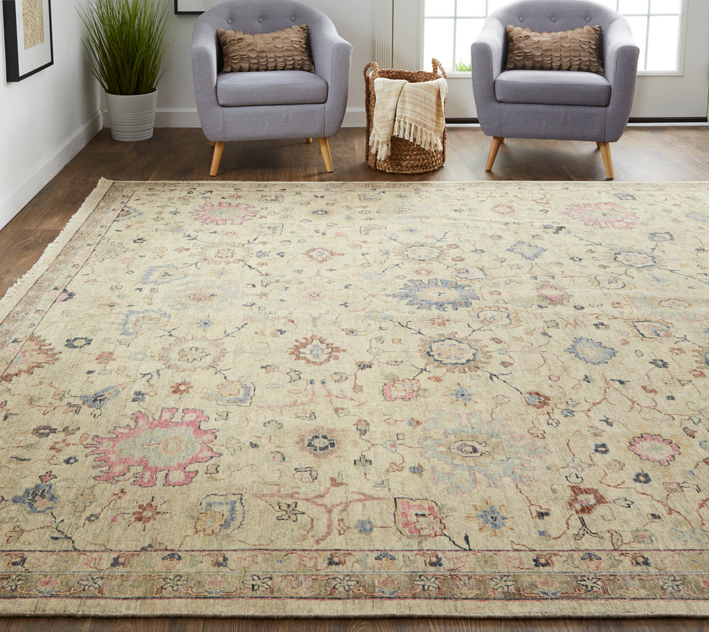 Marabel Traditional Floral Botanical Ivory Pink Blue Area Rug (5'6" x 8'6")